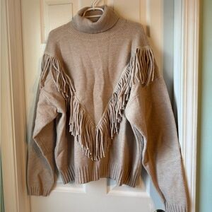 Cozy Fringe Beige Turtleneck Sweater